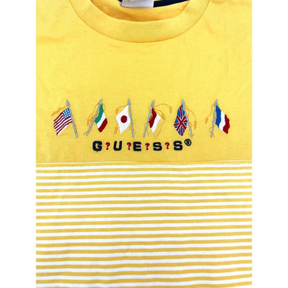 GUESS Mens Summer Games Yellow Striped Short Sleeve Classic Fit T-Shirt Small - Picture 4 of 5